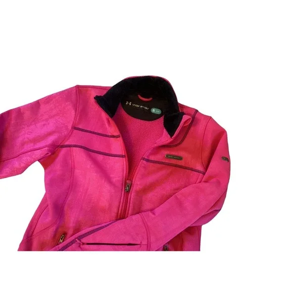 Under Armor Hot Pink pink Full Zip Jacket W/fuzzy Black Collar Women’s Small - Picture 1 of 7